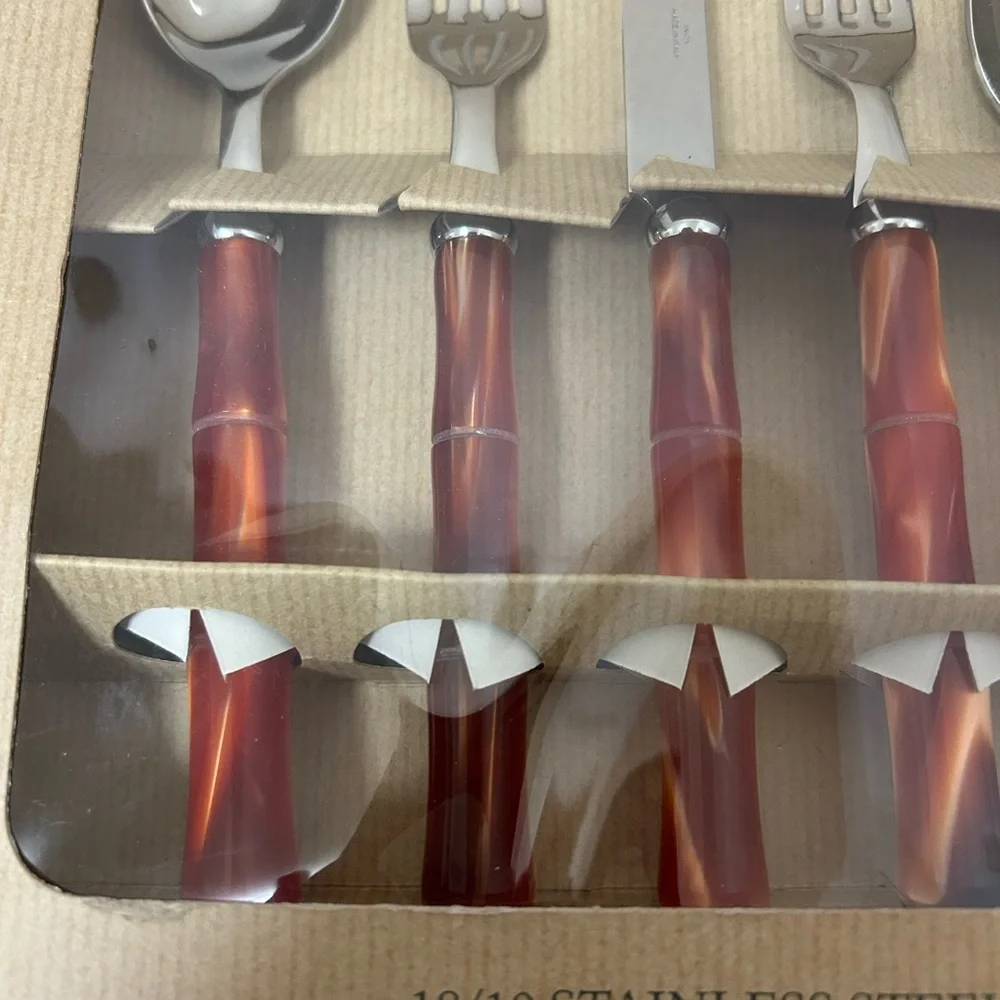 Inox Italian Acrylic Orange Pearl Bamboo 18/10 Flatware Set. 20 Pieces Vintage